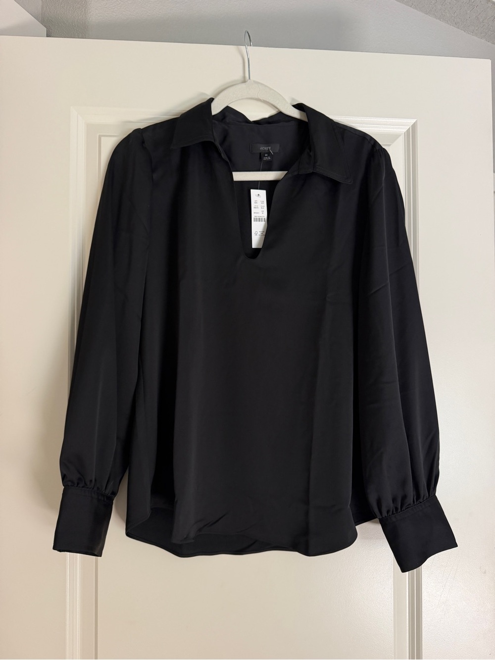 J. Crew Black V-Neck Collared Long-Sleeve Blouse